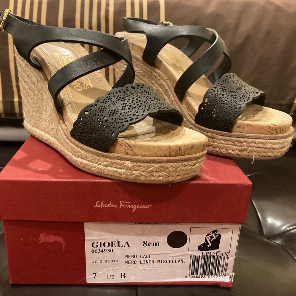 Authentic Salvatore Ferragamo 4 inch black wedge sandals. Size 7.5B